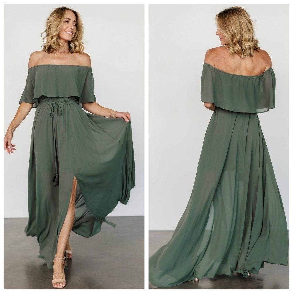 Baltic Born Victoria Off Shoulder Dark Sage Maxi Dress